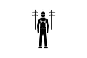 Lineman Silhouette with Power Poles Electrical Worker in Overalls and Hard Hat Isolated on White Background silhouette vector