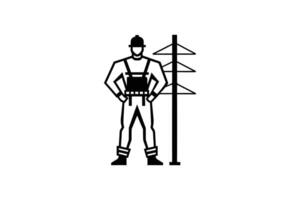 Lineman Standing Next to Power Pole Wearing Safety Gear in a Bold Silhouette Style Isolated on White Background silhouette vector