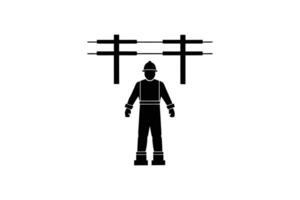 Lineman Standing Underneath Power Lines in Silhouette Style on White Background for Utility and Electrical Concepts silhouette vector
