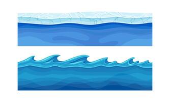 Water waves set. Blue seamless water surface with ice and curved waves illustration vector