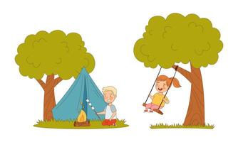 Kids summer activities set. Happy children roasting marshmallow and swinging on swing cartoon illustration vector
