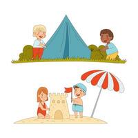 Kids summer activities set. Happy children setting up tent and building sand castle cartoon illustration vector