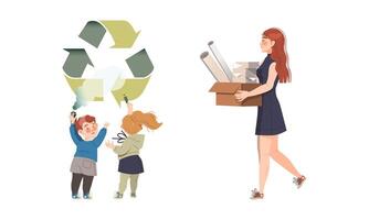 Ecology and environment concept. People protecting, taking care of nature and sorting waste illustration vector