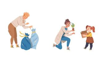 Ecology and environment concept. People protecting and taking care of plants, sorting waste illustration vector