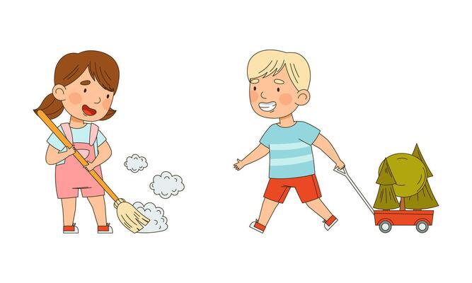 Ecology and environment concept. Cute kids sweeping and planting trees illustration