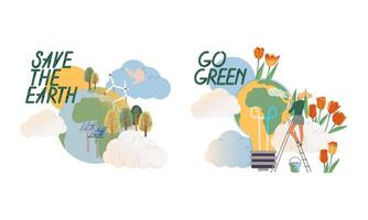 Save the Earth, go green. Ecology and environment concept. People protecting and taking care of nature illustration vector