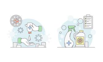 Disinfection related symbols set. Hand hygiene and sanitizer bottles illustration vector