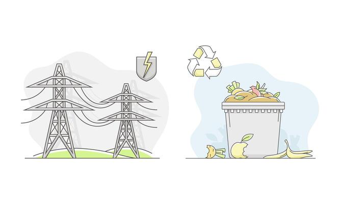 High voltage electric tower and waste recycling. Renewable energy concept. Ecology and environment related symbols illustration
