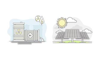 Nuclear waste, refined products and solar battery generating pure electricity. Ecology and environment protection. Alternative renewable energy sources illustration vector
