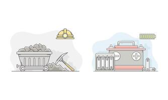 Coal mining industry and alkaline batteries. Alternative renewable energy sources illustration vector