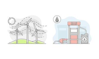 Wind turbines and gas petroleum refill station. Alternative renewable energy sources illustration vector