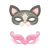 Carnival or masquerade party objects set. Cat and venetian masks cartoon illustration vector