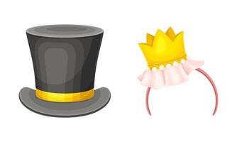 Carnival or masquerade party objects set. Gentleman top hat and headband with crown cartoon illustration vector
