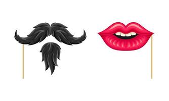 Carnival or masquerade party objects set. Moustache, beard and lips cartoon illustration vector