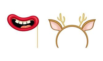 Carnival or masquerade party objects set. Red lips and headband with deer horns cartoon illustration vector