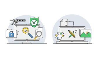 Online education line symbols set. Setting tools, at class. E-learning, distant school illustration vector