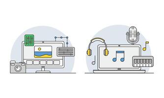 Online education line symbols set. Photography course and music lesson. E-learning, distant school illustration vector
