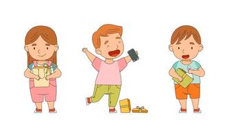 Happy kids unpacking gift box set. Adorable little boys with present boxes cartoon illustration vector