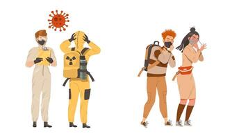 Ecological problems set. People in protection suit is protected from contaminated environment illustration vector