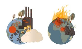 Ecological problems set. Environmental pollution of earth, climate change illustration vector