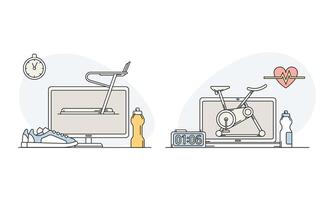 Sport online set. Personal sports training with treadmill and exercise bike. Healthy lifestyle concept lined illustration vector
