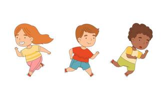 Cute kids running set. Children taking part in the marathon cartoon illustration vector