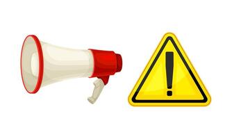 Exclamation mark caution sign and loud speaker or bullhorn illustration vector