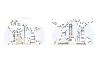 Ecological disasters set. CO2 emissions with industrial smoking pipes of factory lined illustration vector