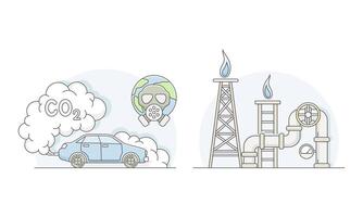 Environmental pollution set. CO2 emissions with transport and industrial burning pipes of factory lined illustration vector
