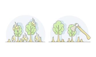 Ecological disasters set. Fires and industrial deforestation lined illustration vector