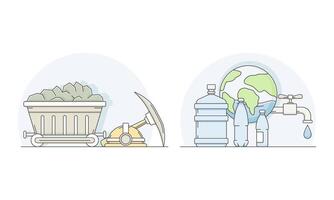 Environmental pollution set. Coal mining and depletion of fresh water reserves lined illustration vector