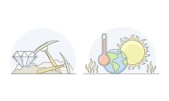 Ecological disasters set. Extraction of minerals and global warming lined illustration vector