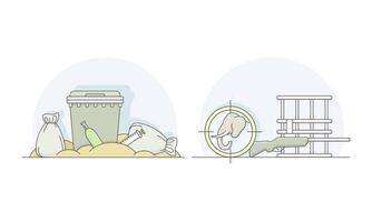 Environmental pollution set. Industrial waste pollution and animal extermination lined illustration vector