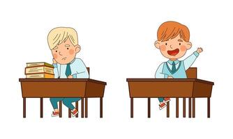 Cute schoolkids in blue uniform sitting at desks. Happy elementary school students studying at school cartoon illustration vector
