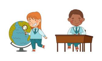 Cute schoolkids in blue uniform studying at school. Happy elementary school students cartoon illustration vector