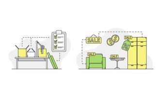 Apartment move set. Relocation and renovation of new house. Packing and buying of new furniture linear illustration vector
