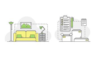 Apartment move. Moving to new house with home furniture and boxes linear illustration vector