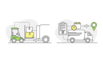 Apartment move set. Loading, transportation and logistics service linear illustration vector