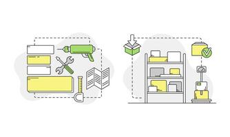 Moving and relocation set. Cardboard boxes with personal belongings and renovation objects linear illustration vector
