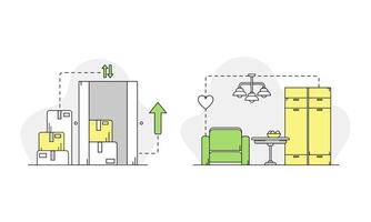 Moving and relocation set. Cardboard boxes with personal belongings linear illustration vector