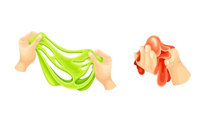 Childish hands playing green and red slimes set. Sticky bright liquid hand gum cartoon illustration
