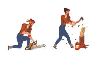 Lumberjack cutting and sawing trees set. Logging industry worker with working tools cartoon illustration vector