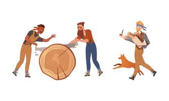 Lumberjacks sawing trees set. Logging industry workers with working tools cartoon illustration vector