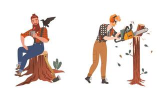 Lumberjack sawing trees with chainsaw set. Logging industry workers working and having lunch cartoon illustration vector