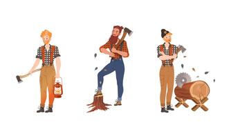 Lumberjacks cutting trees set. Logging industry workers working with axe cartoon illustration vector