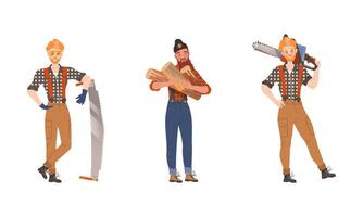 Lumberjacks sawing trees set. Logging industry workers with saw and chainsaw tools cartoon illustration vector