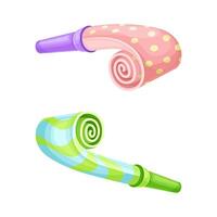 Bright party whistles set cartoon illustration on white background vector