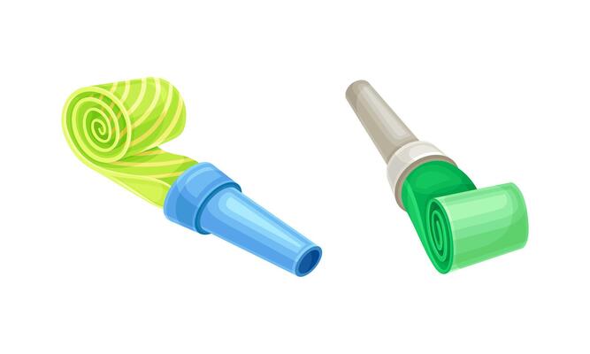 Bright party whistles set. Happy party, holiday celebration symbol cartoon illustration