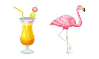 Tropical resort objects set. Citrus cocktail and pink flamingo cartoon illustration vector