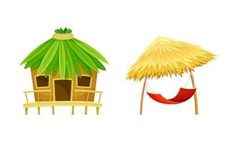 Tropical resort objects set. Beach hut or bungalow and straw umbrella with hammock cartoon illustration vector